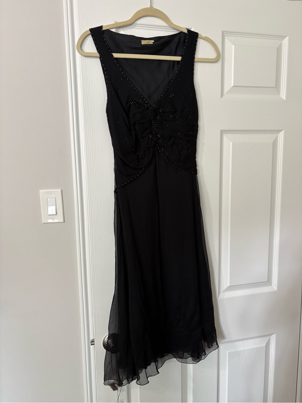 Max Studio Special Edition Black Beaded Ruched V Neck Midi Dress Size Small Y2K